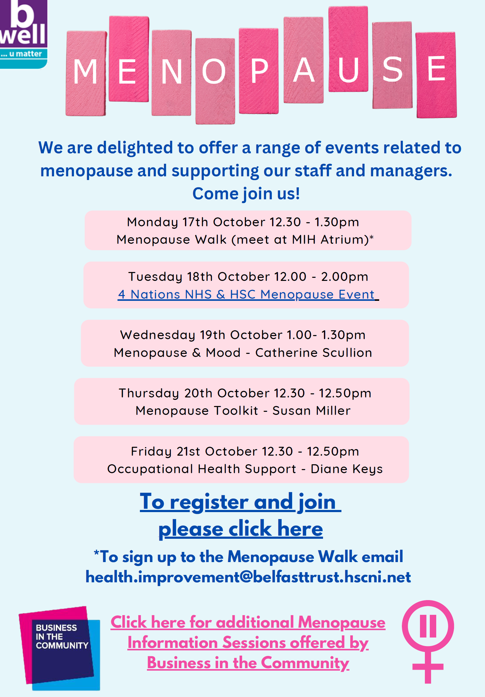 Menopause Information Events October 22 B Well Belfast