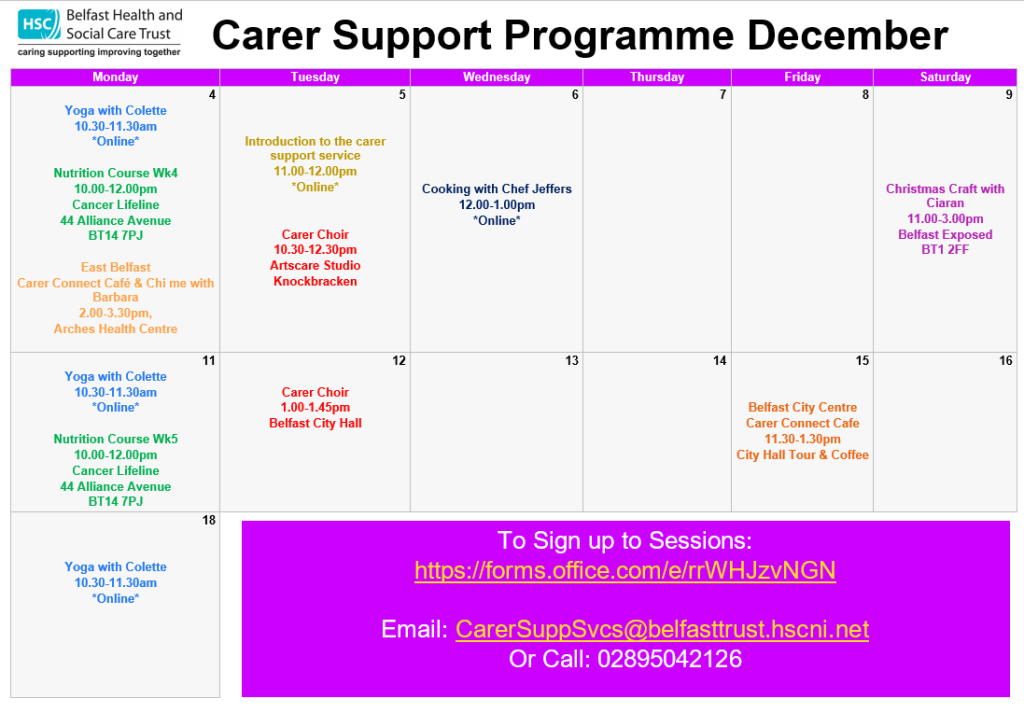 December Carer Support Service Activity Calendar | B Well Belfast