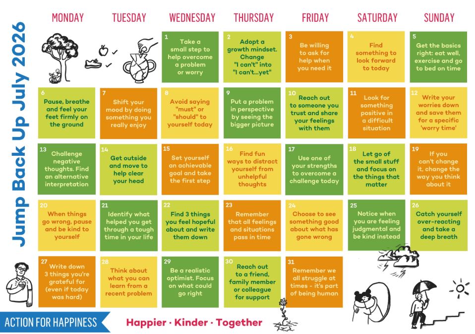 Action for Happiness Calendar: Jump Back Up July